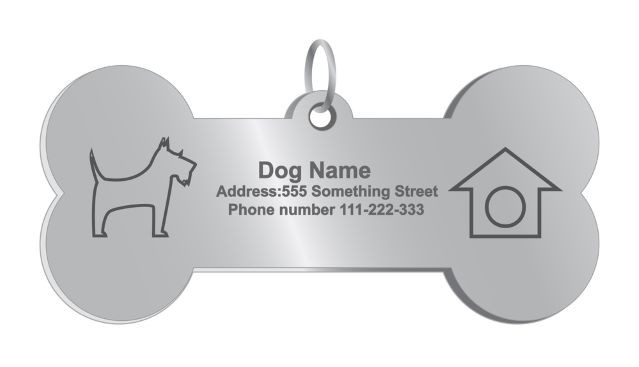 etched dog ID tag in the shape of a dog bone