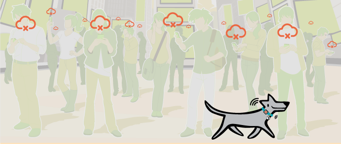 PetHub illustrated dog walking in front of outlines of people holding smart phones