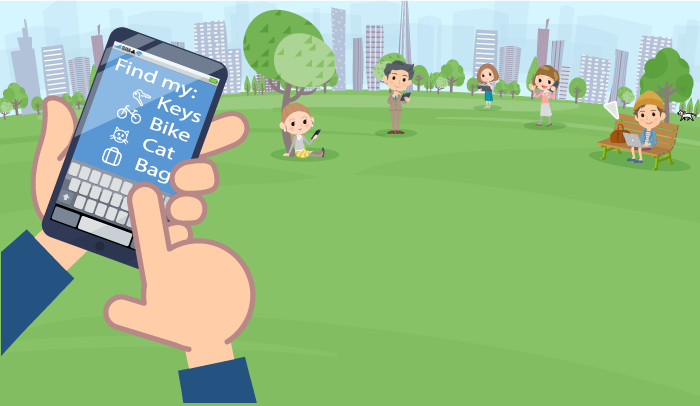 illustration of a person holding a smart phone in a park trying to find a lost item like keys, bike, cat or a bag