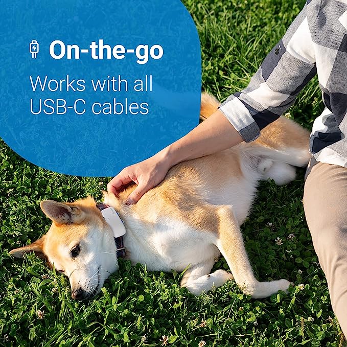 Tractive GPS Charging info with a Shiba Inu dog laying on the grass wearing a collar and Tractive GPS 