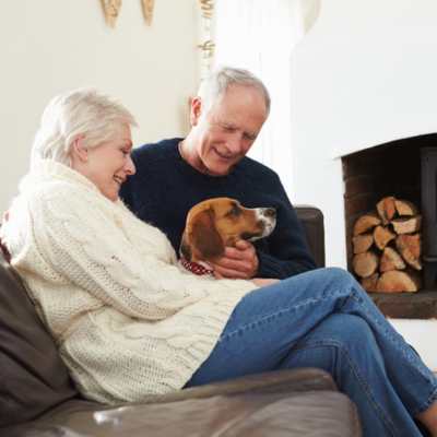 older couple sitting on a couch in a living room with a happy hound mix dog between them