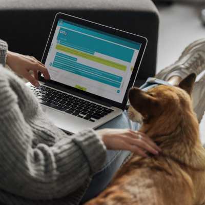 person with a laptop on their lap with a veterinary telehealth chat on the screen as they sit next to a corgi