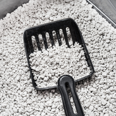 a photo of kitty litter and a black litter scoop