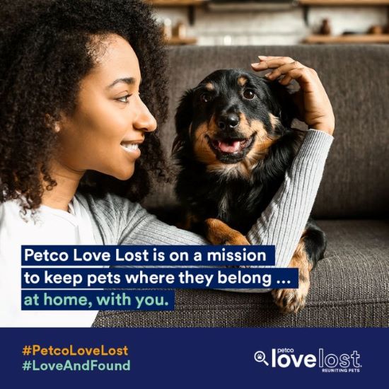 image of a woman looking at her black and tan dog with Petco Love Lost logo information on the bottom
