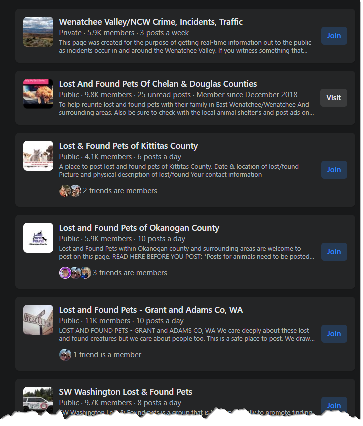 screenshot of facebook groups for lost pets in Washington State