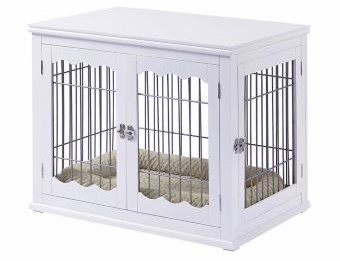 Furniture style white dog crate with bed