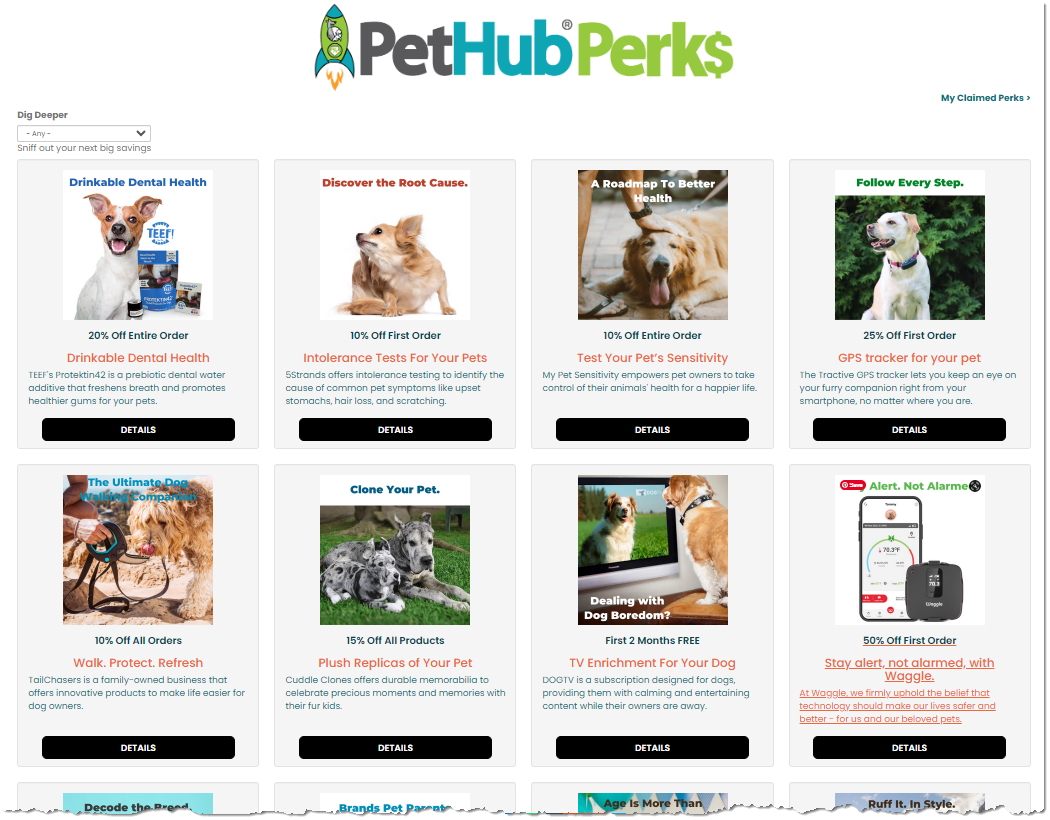 screen grab of the PetHub perks landing page featuring different deals and offers
