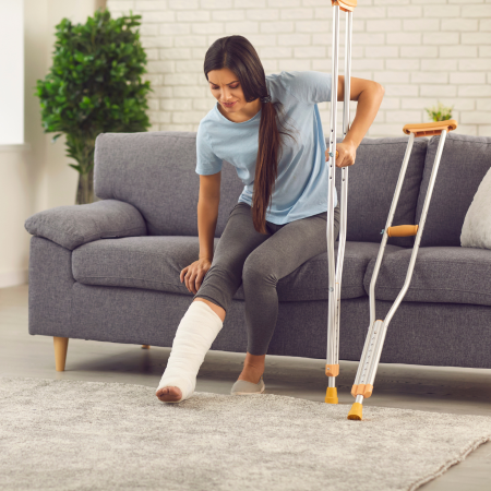 young woman sitting on a couch with crutches and a leg cast